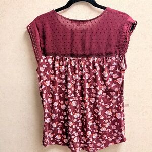 Daniel Rainn Medium Womens Burgundy Floral  Boho Tassle Swiss Dots‎ Artsy Blouse
